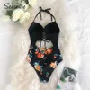 Seaselfie Black Floral Print Halter Swimsuit Kobiety Sexy Wycinanka Lace Up Beachwear Suit Summer Swimwear 210712