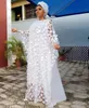 アフリカのファッション女性のドレスマキシアップリケ緩い薄い黄色の白いプラスサイズの伸縮性の高いピンがドレス210416