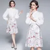 Kvinnor Elegant 2 Piece Set Fashion Sweet Ruffles Puff Sleeve Vit skjorta Top + Hög midja Blommigryckt Midi Skirt Suit 210519
