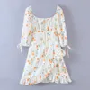 레트로 여성 하얀 태양 꽃 점 인쇄 미니 드레스 섹시한 퍼프 소매 슬림 허리 스플케이션 러프 헴 파티 드레스 210429