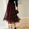 Elegante Plaid Lange Tüll Rock Frauen Für Frühling Sommer Koreanische Schule Kariert Hohe Taille Plissee Maxi Weibliche 210421