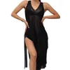 Costume da bagno da donna Costume da bagno Copricostume da spiaggia Abito lungo lungo Tinta unita Copricostume trasparente senza maniche Spacchi laterali Costume da bagno Abbigliamento da spiaggia