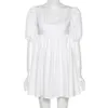 Joco jole elegant vit en linje klänning kvinnor sommar kort puff ärm baklöst spets upp mini klänning casual party strand klänning 210518