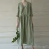 Johnature Simple Fashion V-Neck Kieszonkowy trzy czwarte rękaw Bawełniane sukienki lniane Lato Wygodne 3 Kolor Kobiety Dress 210521