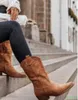 평면 플랫폼 카우보이 부츠 여성 신발 가을 겨울 모피 가죽 부츠 패션 라운드 발가락 하이힐 부츠 Zapatos de Mujer Botas H1009