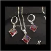 Ensemble de bijoux en argent Sterling S925, pendentifs en cristal rouge, collier et boucles d'oreilles, mariage pour femmes, livraison directe 2021 04Glo
