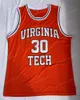 Dell Curry 30 Virginia Tech College Basketball Jersey Men's All Ed Orange Maglie size S-XXL di alta qualità