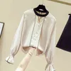 Vintage Solid Office Lady Shirts Autumn Flare Long Sleeve Chiffon Blosue Top Female Wild Beading Hollow Women shirt 11153 210427