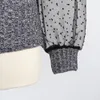 Tull Rękaw Dzianiny Bluzki Topy Kobiety Vintage Rękaw Lampion Polka Dot Panie Topy Slim Grey Winter Bluzki Koszule 210415