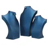 Förpackningsmyckespackaging Blue Pu Leather Jewely Set Display Stand smycken Ringörhängen Halsband Byst halsform för butiksfönster DR