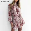 NANKEY Nero Sexy Collo Alto Chiffon Mini Abito A-Line Manica Lunga Turtlenck Moda Fasciatura es 210623