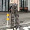 Women Velvet Wide Leg Pants Spring Autumn High Waist Leopard Printed Casual Female Long Trousers Spilt Straight Pantalons 210423