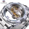 Forsining Männer Transparent Design Mechanische Uhr Automatische Silber Quadrat Goldene Getriebe Skeleton Edelstahl Gürtel Uhr Saati 210804
