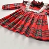 1-6Y Toddler Baby Kid Girls Christmas Dress Lace Ruffles Red Plaid Tutu Klänningar för Xmas Party Långärmad 210515