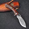 Flipper Składany nóż VG10 Damaszek Stalowy Ostrze Rosewood + Stale nierdzewne Rękojeść Noże Kieszonkowe EDC ze skórzaną osłoną