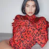 Vintage Red Leopard Print Turtleneck Lange Mouw Skinny Bodysuit Met Glovers Herfst Sexy Party Clubwear Outfit Bodycon Body Top 210517