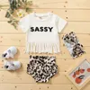 Set di abbigliamento per bambini T-shirt a maniche corte con lettera nappa Top + Pantaloncini leopardati con fasce per capelli 3 pezzi / set Abiti per neonati per bambini M3496