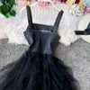 Sweet Denim Ruffles Princess Vestidos Spring Kawaii Korean Women Dress Ins Fashion Mesh Patchwork Dress 210521