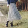 Zomer borduurwerk mesh tule geplooid rok vrouwen Koreaanse stijl mode elastische hoge taille lange vintage zwarte midi 210421