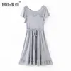Lace Patchwork Midi Dress Women Ruffle Short Sleeve A Line Chic es Summer O Neck Knitted Casual Gray Vestido 210508