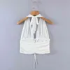 Tulle Transparent Lace Up Halter Tank Tops Women Summer Sexy Backless Strappy White Crop Tops Beach Deep V Neck Camis 210415