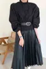 Elegant Stand Collar Women Solid Patchwork Belt Dress OL Style Long Sleeve Pleated Mid-length Dresses Female Vestidos 210519