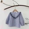 1-7Yrs Baby Mädchen Hemd Frühling Herbst Baumwolle Weiß Blau Gestreifte Stickerei Blume Flare Hülse Kinder Bluse 210429