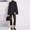 Fashion Women Woolen Coats Cloak Navy Blue Workwear Winter Office Lady Outwear Double Button Autumn Overcoat Cape 210416