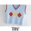 TRAF Women Sweet Fashion Argyle Patchwork Cropped Knitted Vest Sweater Vintage Sleeveless Female Waistcoat Chic Tops 210415