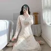 Vintage lace dress for Women V-neck A-Line Button High Waist Sweet Solid Long Sleeve Spring Dresses 12909 210417