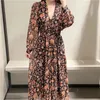 Black Floral Print Midi Dress Woman Winter Vintage Goth Long Sleeve Party es Women Elegant es 210519