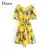 Boho Floral Women O Neck Bandaż Beach Powrót Deep V Sexy Party Summer Latarnia Rękaw Bawełniany Mini Dress 210414