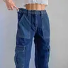 Streetwear Patchwork Blå Kvinna Jeans Höst Hög Midja Lång Straight Cargo Byxor Denim Y2K Byxor Kvinnor Harajuku Capris 210510