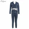 High Waist Button Denim Overalls 2 Piece Jumpsuit Female Long Sleeve V-Neck Sexy Celebrity Club 210525