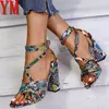 2020 Sandalias Mujer Women's Ladies Fashion Snakeskin Snake High Heels Cross Sandals Casual Shoes Dropship 35-43 X0526