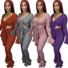 Mulheres 2 Parte Set S-2xl Jaqueta Flare Calças Fall Winter Casual Roupas Bandage Suatuit Crop Top Designer Outfits Yoga Cardigan Capris H172