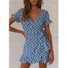 Zonnebloem print boho jurk vrouwen sjerp ruche korte strand zomer casual blauw vintage mini floral 210427