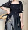 Summer dress bohemian vintage flroal black mini kawaii boho chiffon beach korean short sleeve casual 210521