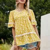 O-Neck Blommigryck Casual Loose Blouses Toppar Mode Kvinnor Sommar Boho Lace Patchwork Womens och 210510