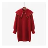 H.SA Kvinnor Söta Jumpers Bow Collar Lantern Sleeve Pearl Beading Knitwear Lång Röd Pull Sweater Loose Knit Dress 210417