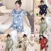 Sommar Kvinnor Kortärmad Pyjamas Set Söt Sexig Underkläder Sleepwear Silk Plus Storlek Nightwear Animal Cartoon Home Kläder 210330