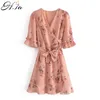 H.SA Mulheres Verão Verão com decote em V Ruffles Casual Mini Mini A-Linha Boho Praia Solta Vestido Rosa Sashes 210417