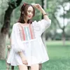 Zomer korea mode folk stijl vrouwen shirt lantaarn mouw losse witte blouse katoenen vrouwelijke borduurwerk shirts dames tops D400 210512