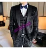 Hoge Kwaliteit One Button Black Patroon Bruidegom Tuxedos Sjaal Revers Bruiloft / Prom / Diner GroomsMen Mannen Past Blazer (Jacket + Pants + Vest + Tie) W1357