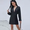 Sexy Nachtclub Minikleid Frauen tiefer V-Ausschnitt helle Seide Langarm hohe Taille Kleid Herbst beiläufige dünne schwarze Kleider Vestidos 210507