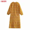 Fashion Women Yellow Flowers Print Oversized Shirt Long Sleeve Ladies Midi Dress 5Z127 210416