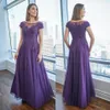 Purple Beaded Mother Of The Bride Dresses Sheer Bateau Neck Short Sleeves Appliqued Evening Gowns Floor Length Plus Size Wedding Guest Dress