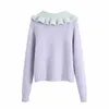 Kvinnor Knit Cardigan Gem Knappar Kontrast Ruffled Collar Långärmad Casual Fashion Chic Woman Stickad Sweater 210709