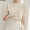 Koreanska Stickade Solid Kvinnor Tunika T-shirts Toppar Sommar Kortärmad O-Neck Pullovers Tees Elegant Fashion Ladies T-Shirts 210513