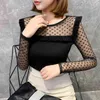 Cotton Summer Tee Shirt Womens See-through Transparent Mesh Tops Long Sleeve Slim Ladies O Neck T-Shirt Arrival T03001B 210421